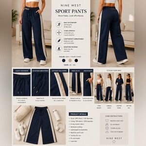 Nine West Navy Wide-Leg Sport Pants with Taupe Side Stripe
